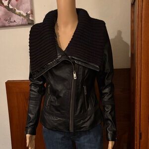 Only True Streetwear Women's Black Leather Jacket with Knit Collar